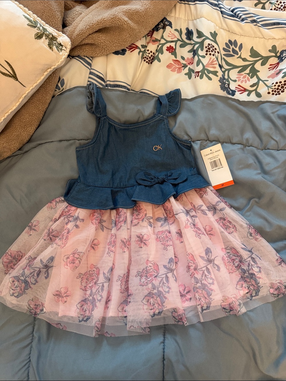Calvin Klein Blue Denim Bodice with Pink Floral Tulle Dress